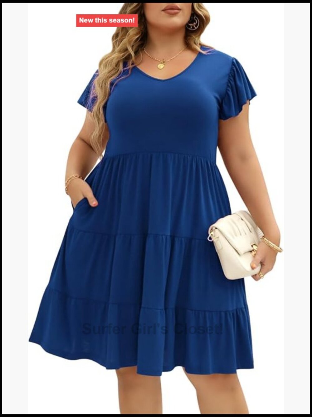 Plus Size Ruffle Sleeve Sundress with Pockets, Tiered Empire Waist, V Neck,